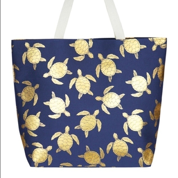 None Handbags - Navy Gold Foil Turtle Tote Bag